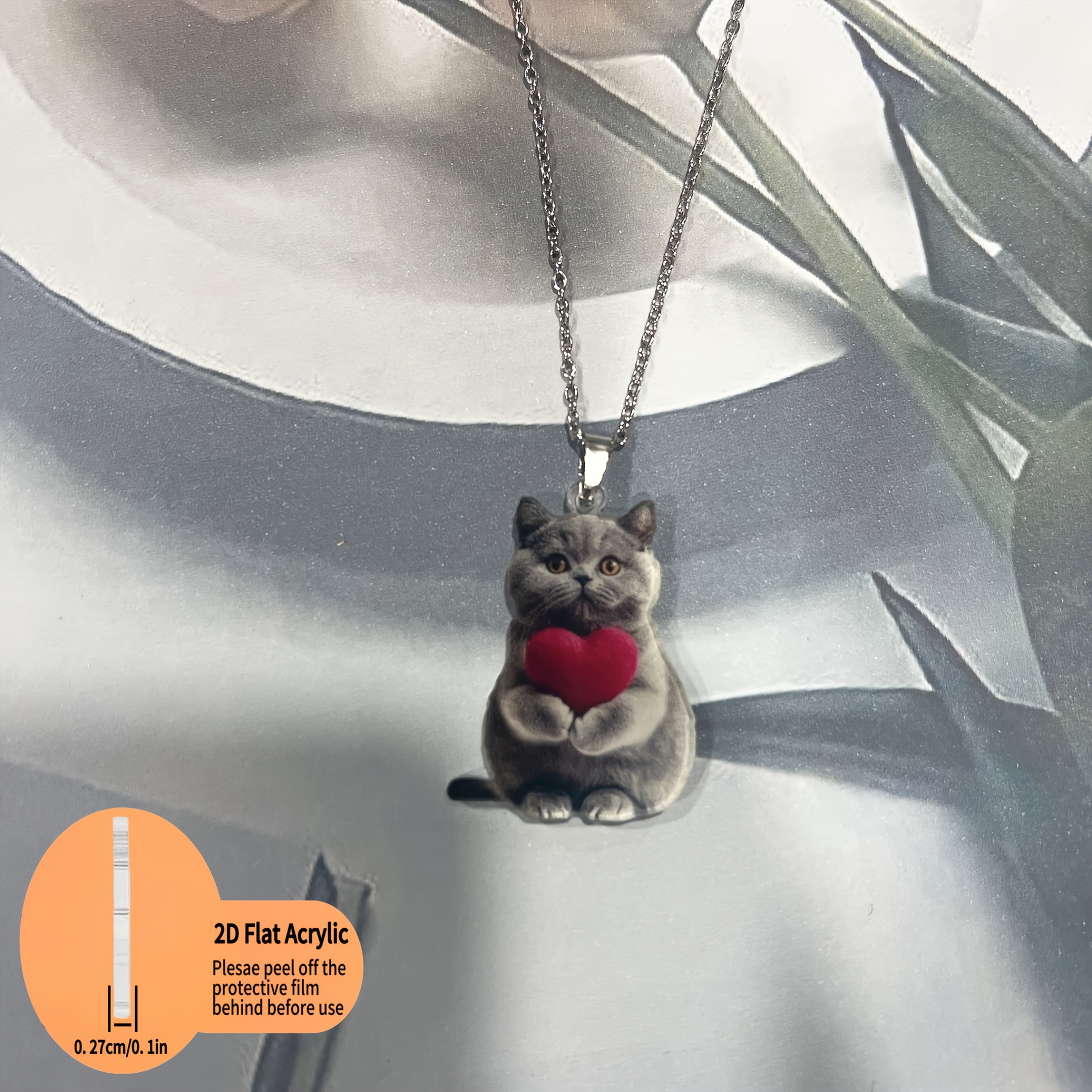 2D Acrylic Gray Cat Holding Heart Earrings Pendant Set